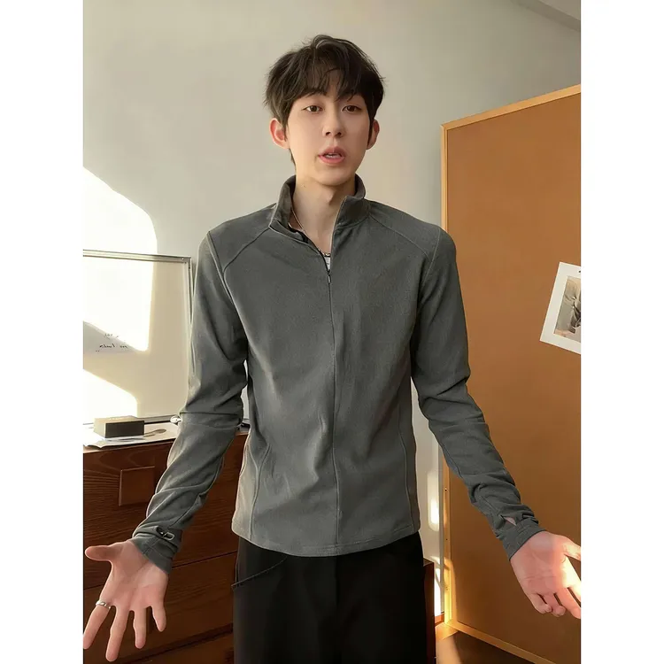 深灰色德绒半高领长袖t恤男秋冬修身保暖内搭上衣美式健身运动服