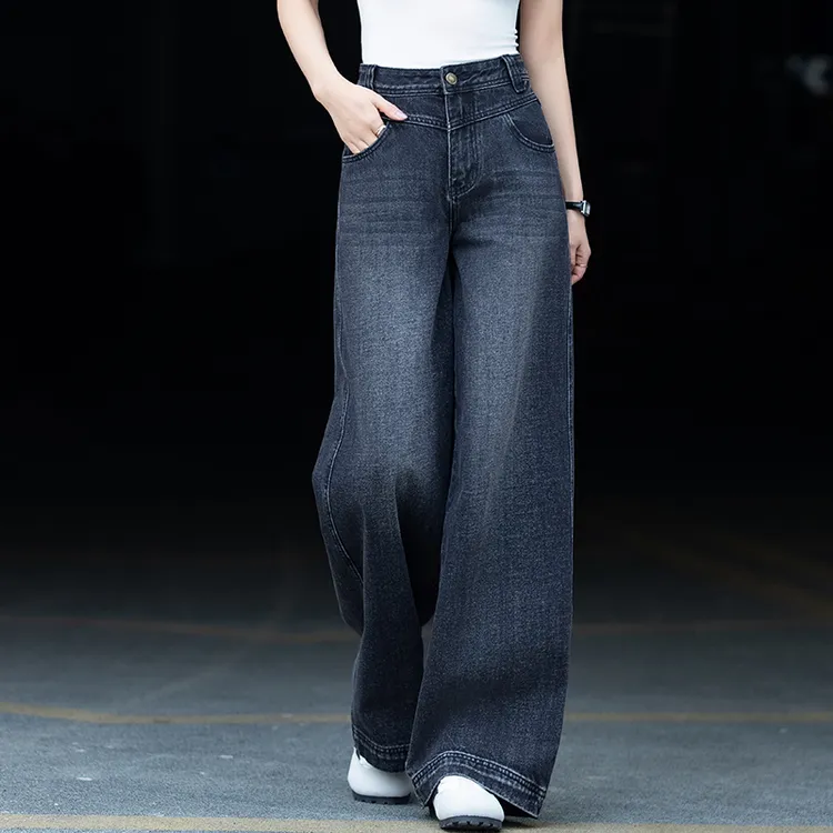 复古高腰阔腿牛仔裤女2025秋冬新款黑灰色遮肉显瘦直筒裤宽松长裤