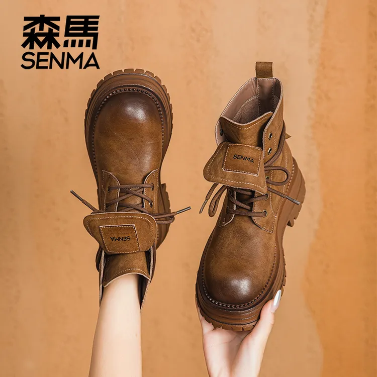 【抖音双11】SENMA/森马女鞋秋冬爆款真皮马丁靴厚底增高马丁靴女