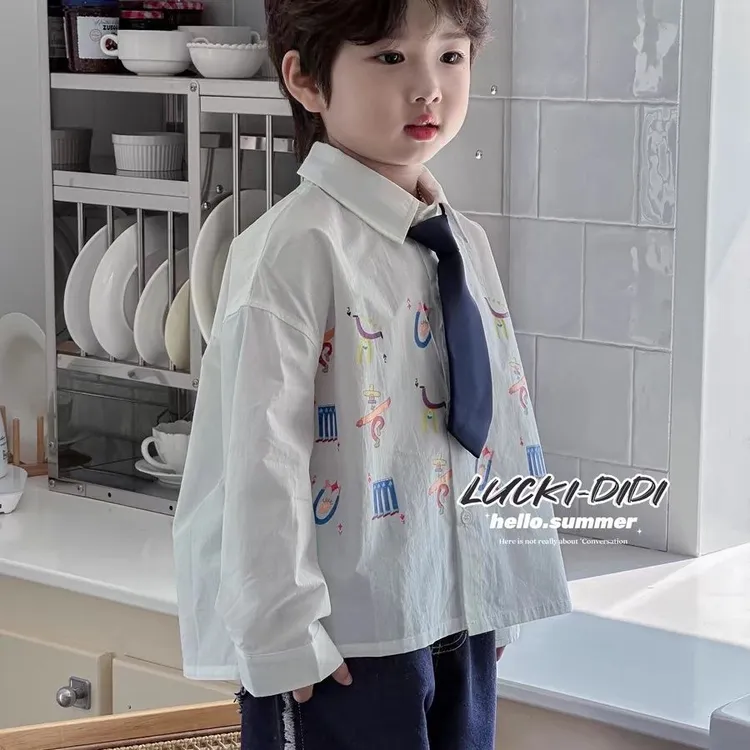 春秋新款长袖个性卡通绘画男童休闲洋气衬衫儿童中小童外套衬衣潮