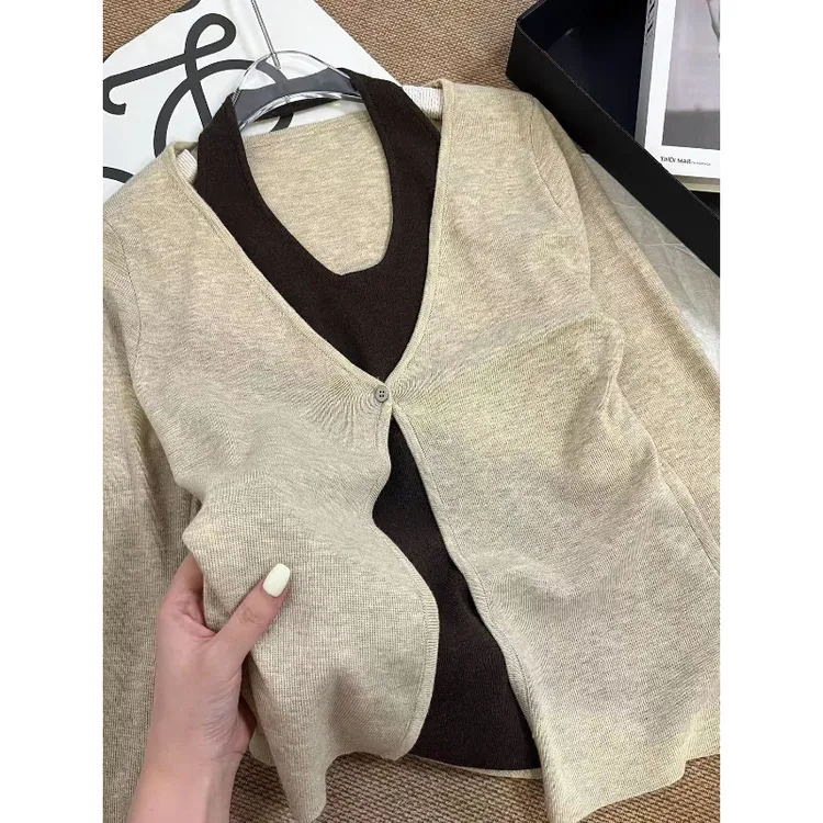 韩系设计感假两件挂脖针织衫秋冬季上衣修身显瘦长袖睡衣女可外穿