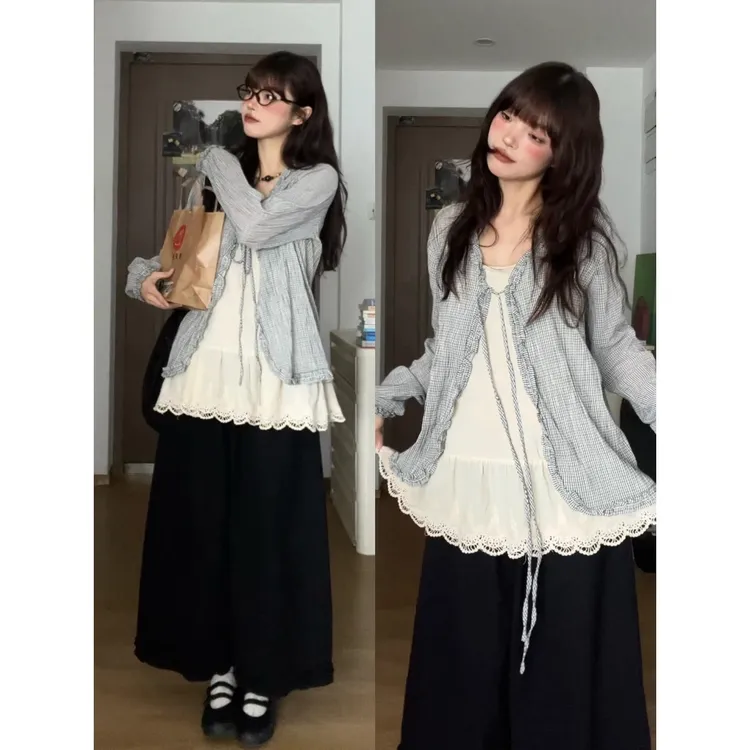 MARIE.COCO复古文艺格子木耳边系带罩衫百搭蕾丝吊带阔腿休闲裤子