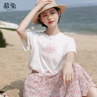 慕兔印花白色短袖t恤女2025夏季新款ins宽松百搭设计感上衣体恤潮