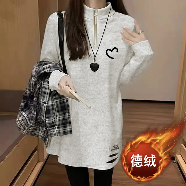 T恤中长款半高领拉链显瘦上衣德绒保暖打底衫秋冬新款花灰色长袖