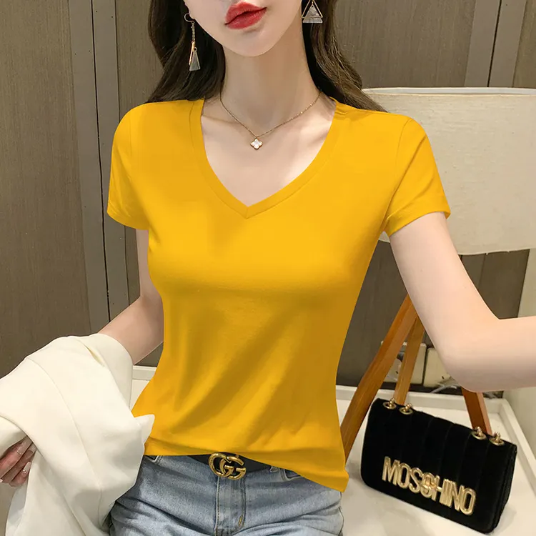 姜黄色短袖t恤女V领纯棉上衣夏季2025新款小个子修身显瘦正肩体恤