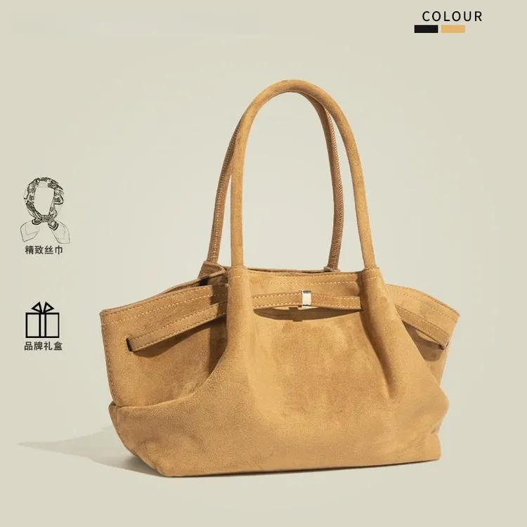 CASR&KEU复古麂皮手提托特包女秋冬时尚褶皱饺子包大容量单肩包