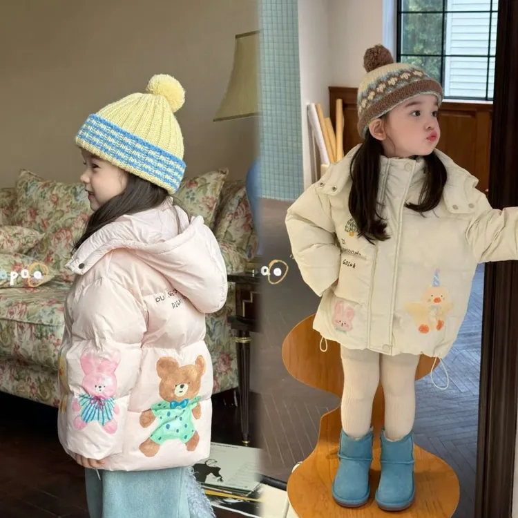 Opao（现货）冬季羽绒服女童卡通小熊小兔印花连帽羽绒服儿童冬装