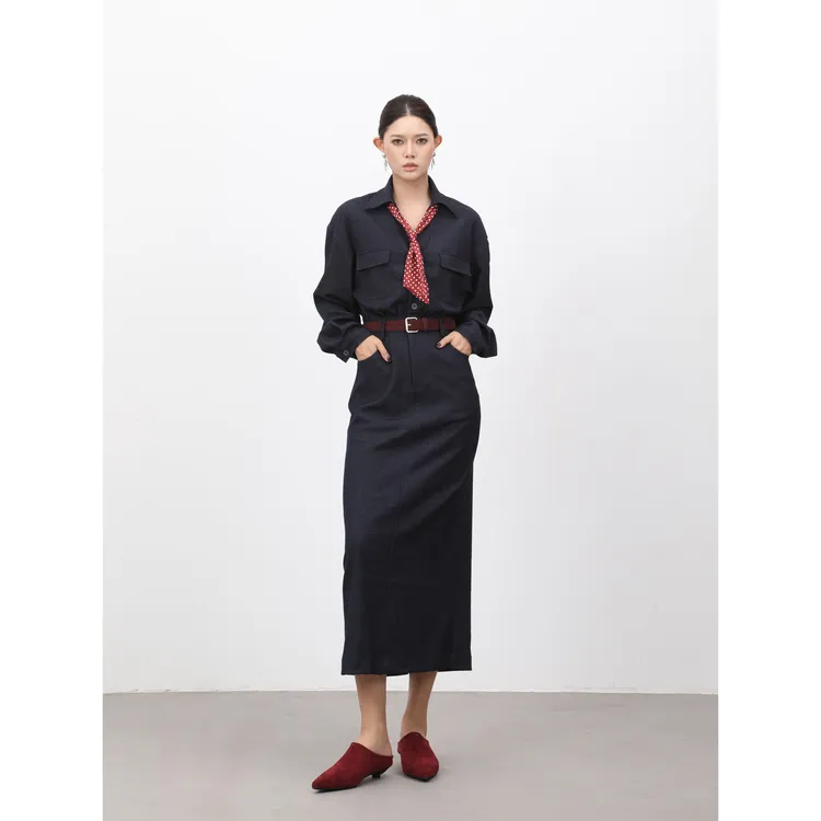 DENGDAHA「中古腔调」复古港味 打揽褶皱仿牛仔连衣裙SHBZW651987