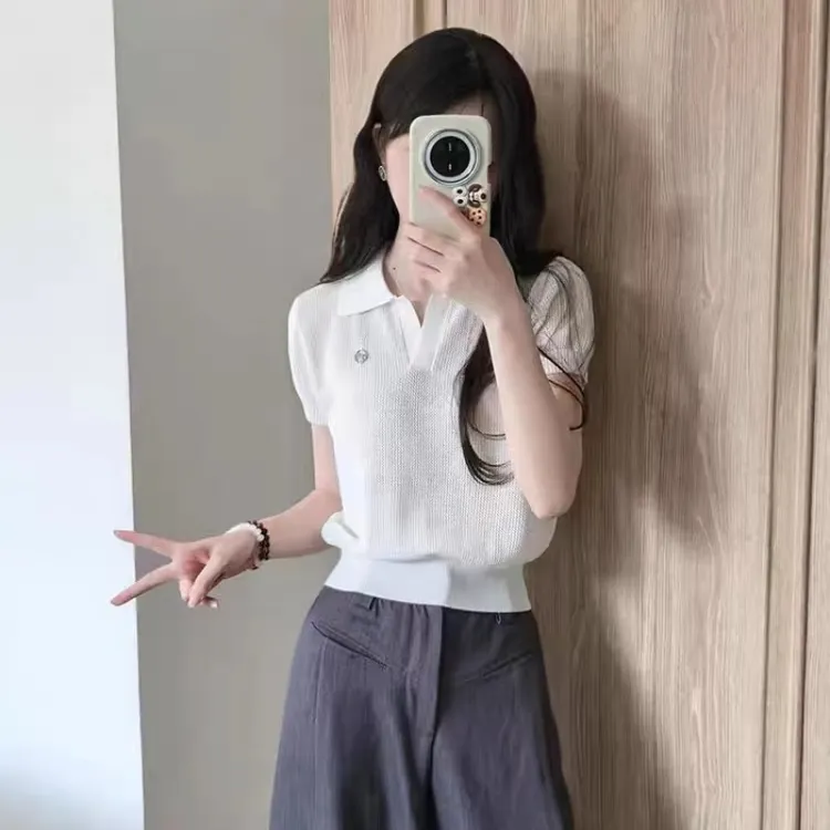 法式polo领冰丝针织短袖t恤女设计感小众翻领正肩显瘦短款上衣夏