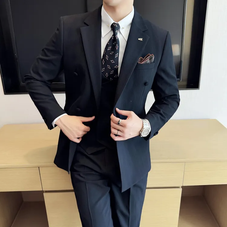【轻奢】男士西装双排扣条纹新郎套装韩版结婚礼服正装伴郎服帅气
