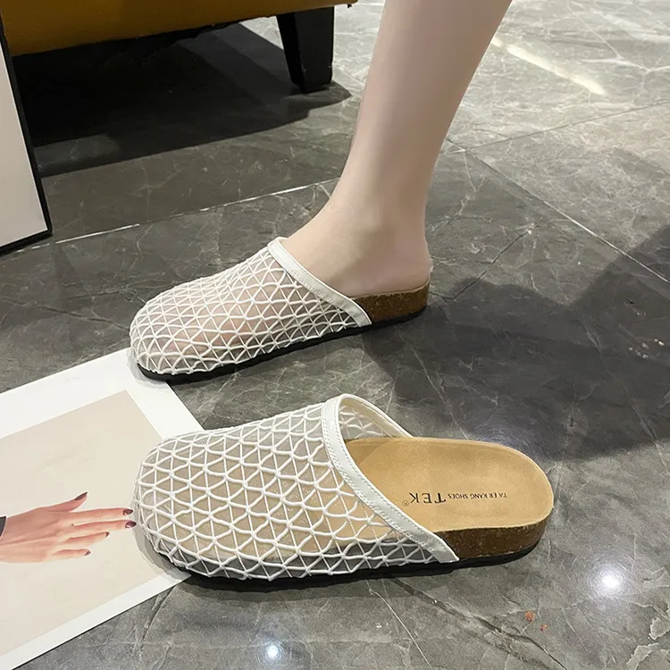 外穿镂空包头拖鞋小众编织网纱凉半拖女鞋夏季懒人一脚蹬勃肯凉鞋