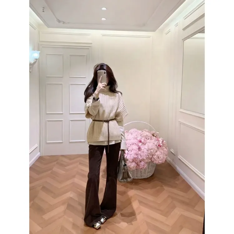 韩系慵懒风百搭马甲软糯休闲针织打底衫秋冬高腰垂感微喇长裤套装