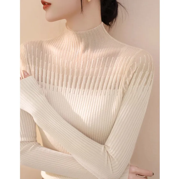 杏色半高领蕾丝网纱针织衫女2025秋冬穿搭修身内搭毛衣打底衫上衣