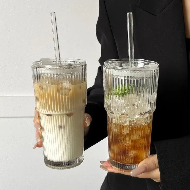 带盖吸管大容量玻璃杯高颜值ins冷饮咖啡杯家用网红喝水杯简约条