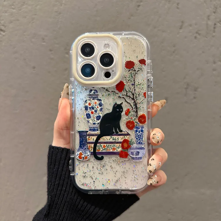 闪粉壳适用于苹果16PROMAX苹果15PROMAX新款创意花瓶黑猫手机壳