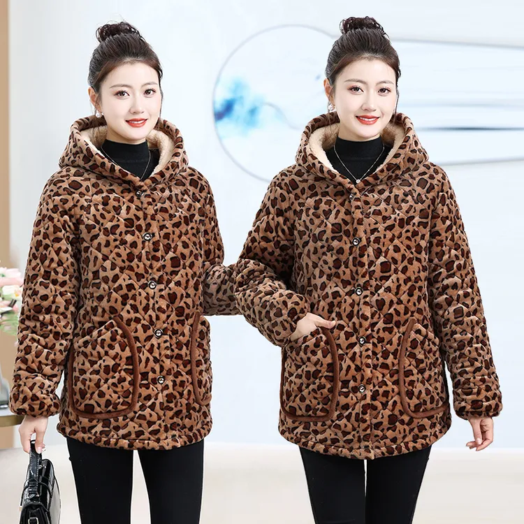 清仓豹纹罩衣冬季新款加绒加厚棉袄保暖妈妈装棉服中老年女装棉衣