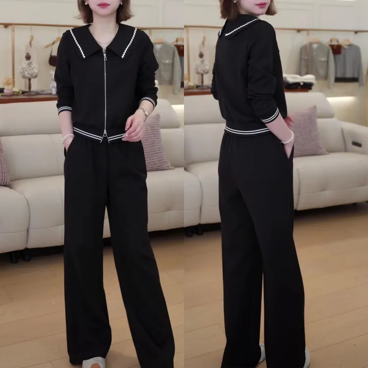 休闲新款时尚洋气显瘦通勤风套装女2025秋季海军领上衣直筒裤套装