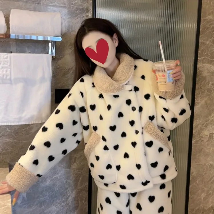 (爱心珍珠)冬季毛茸茸加厚保暖睡衣女长袖可爱休闲家居服外穿波点