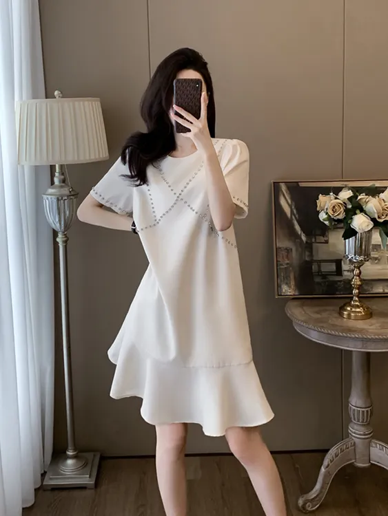 胖mm梨形身材短袖连衣裙女2025夏季新款气质垂坠感宽松显瘦鱼尾裙