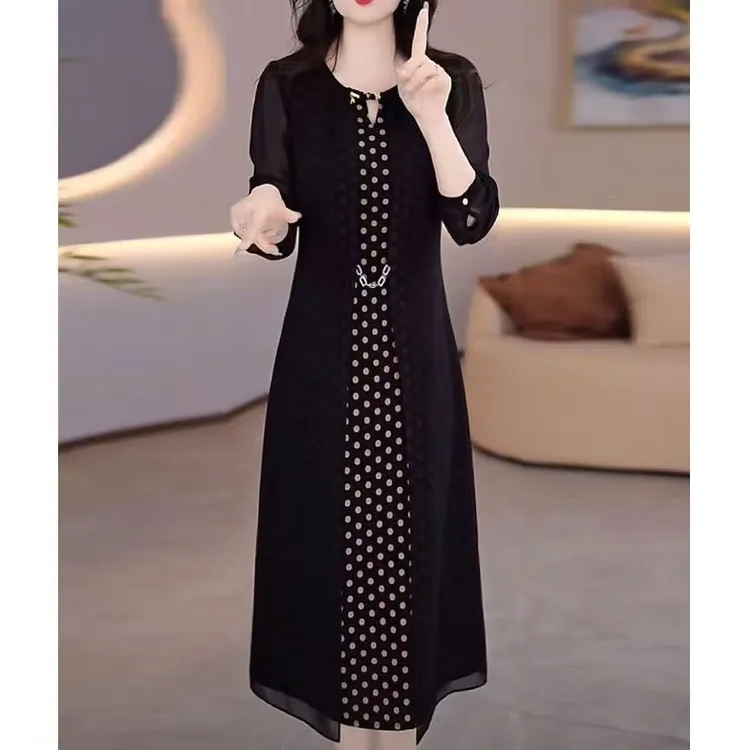 大码连衣裙女2025新款轻奢波点假两件高档连衣裙遮肉过膝裙子