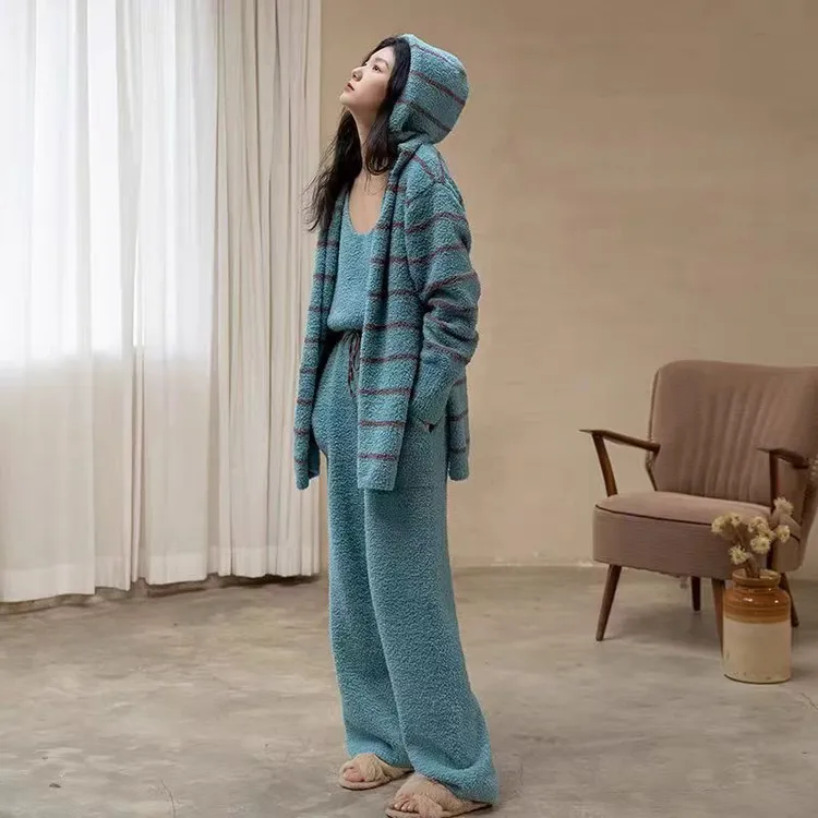 小熊/三件套帽衫/条纹半边绒睡衣女秋冬加绒加厚保暖家居服
