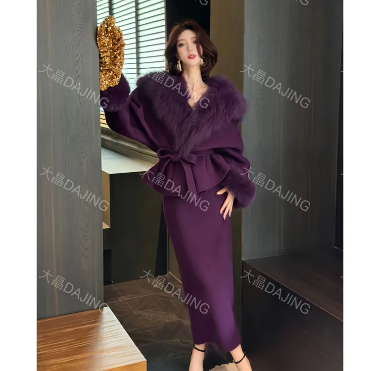 【大晶定制】“复古红绒”冬款[芬兰狐狸毛袖]山羊绒气质两件套套装
