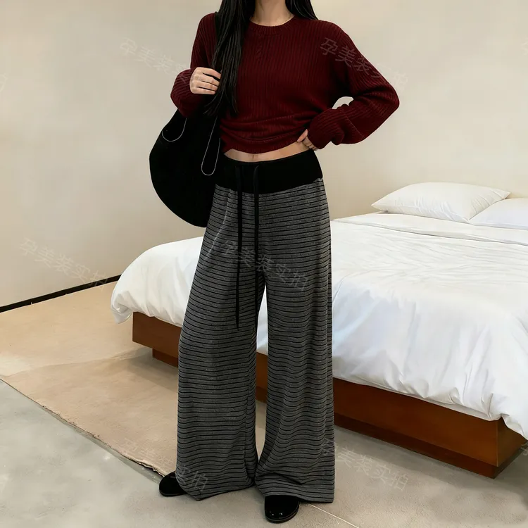 【M-4XL】孕妇裤子秋冬慵懒风宽松大码200斤时尚显瘦外穿休闲条纹裤