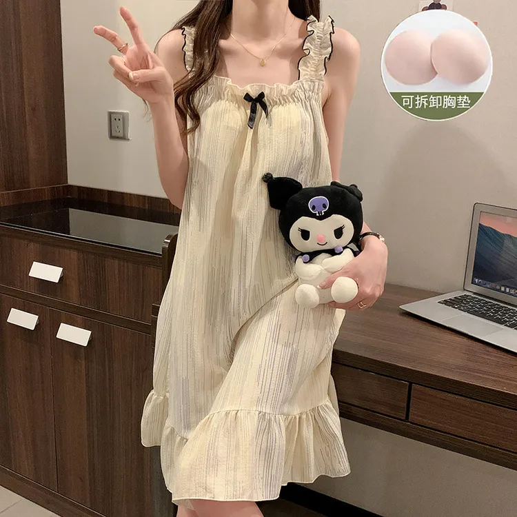 D新款少女薄款泡泡棉带胸垫吊带大码甜美韩版女睡裙夏季宽松夏天