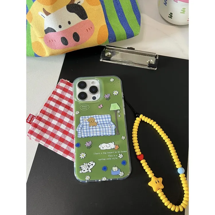 春日清新绿色沙发小狗双层链条适用苹果手机壳iPhone16/15硬