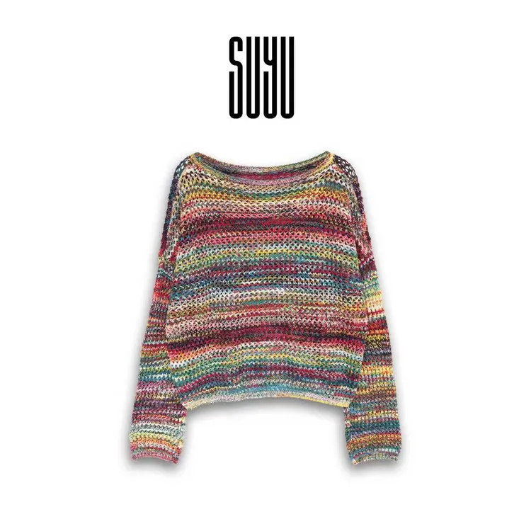 SUYU 【微笑彩虹】镂空彩色毛针织衫复古休闲套头宽松