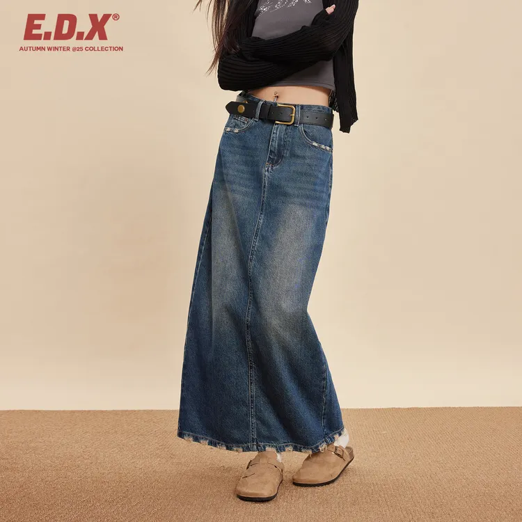 EDX牛仔半身裙女秋季后开叉设计感修身显瘦水洗复古带腰带长裙