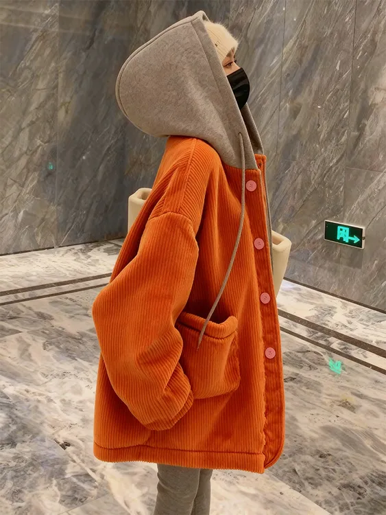 超好看橘色灯芯绒连帽加厚卫衣外套女秋冬新款今年流行爆款小个子