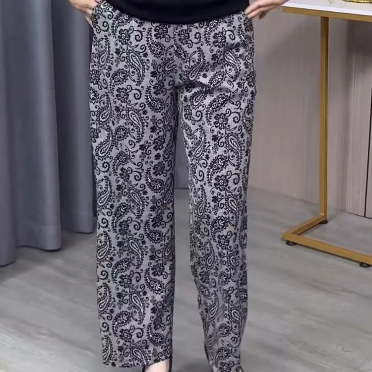 腰果花冰丝复古印花阔腿裤女休闲长裤子2025夏季新款休闲阔腿宽松