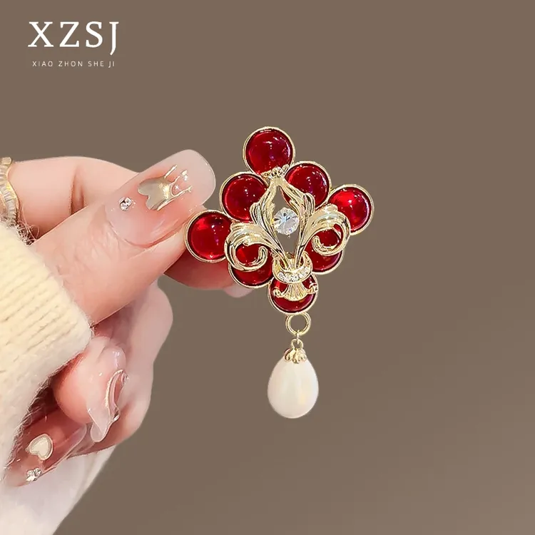 铜仿珍珠胸针 复古红色平安吉祥中国结别针高档国风胸花大衣配饰