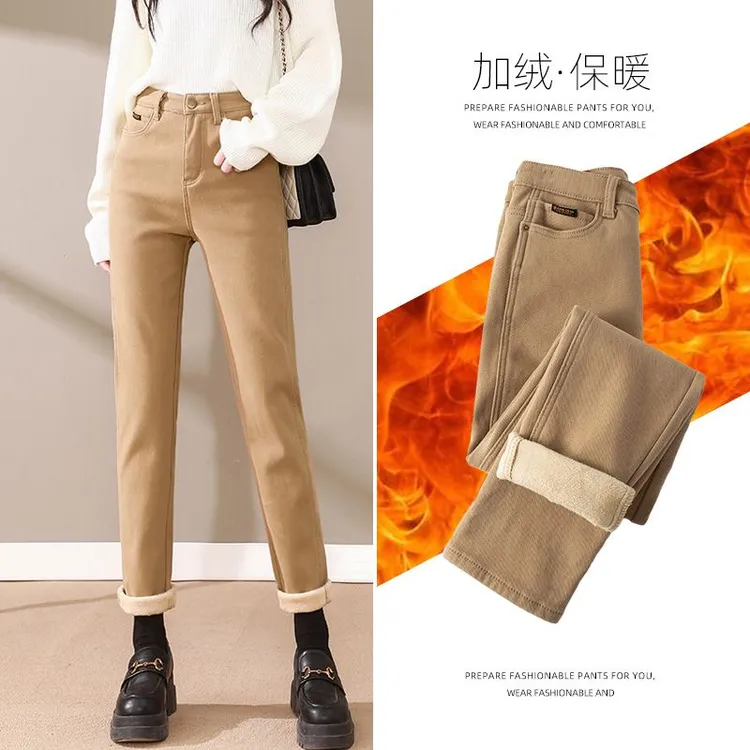 2025秋冬季加绒牛仔裤女款直筒高腰显廋爆款加厚时尚百搭烟管裤子