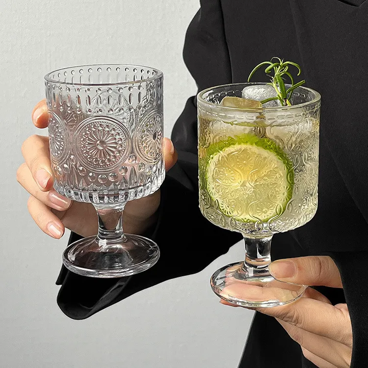复古ins风太阳花浮雕玻璃杯高颜值酒杯设计感饮料果汁高脚水杯子