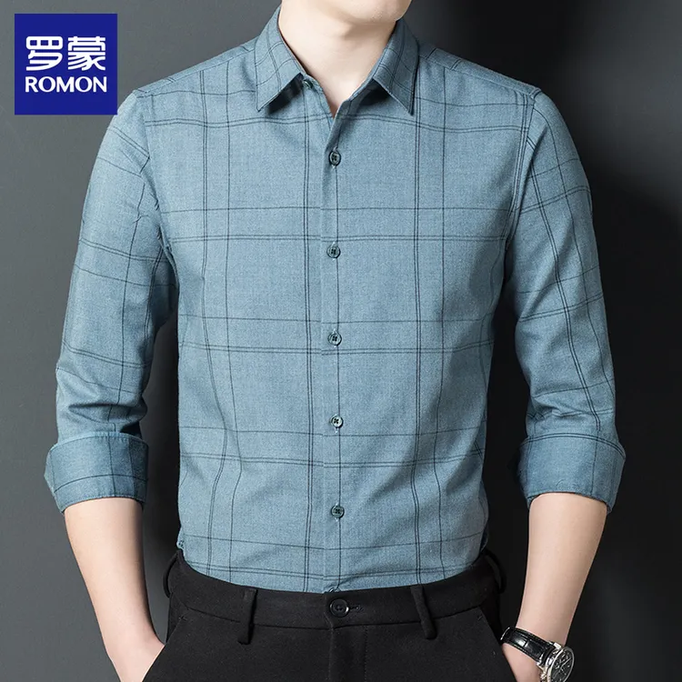 罗蒙商务休闲格子长袖衬衫男士春秋新款修身透气舒适百搭长袖衬衣
