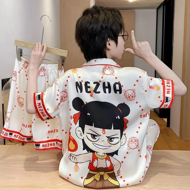 FAVMARTHA2025新款哪吒儿童睡衣男童夏季冰丝薄款短袖三件套男孩