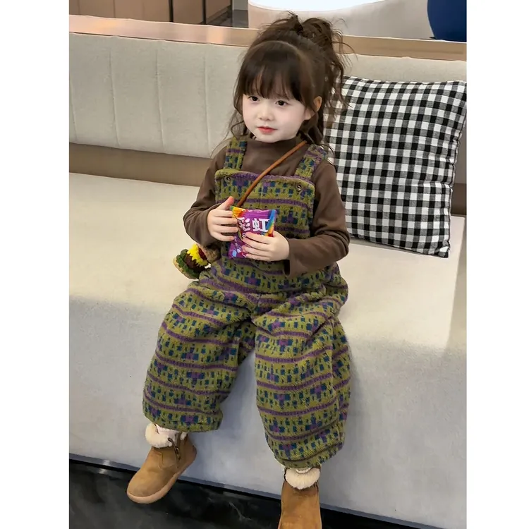 儿童加绒背带裤套装2025秋冬新款洋气套装男女宝宝打底衫厚裤子