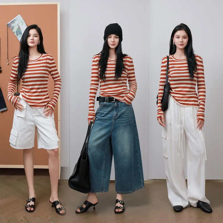 LA MAISON ONE “活力橙” 羊毛撞色条纹经典T恤L253T089
