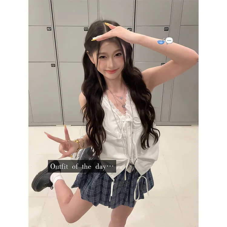 韩系小众V领蕾丝花边系带上衣无袖背心格子百褶半身裙短裙jk裙子