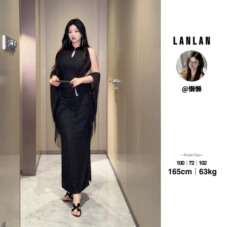 Lanlan-【月下禅心】黑色新中式国风连衣裙显瘦修身气质复古长裙