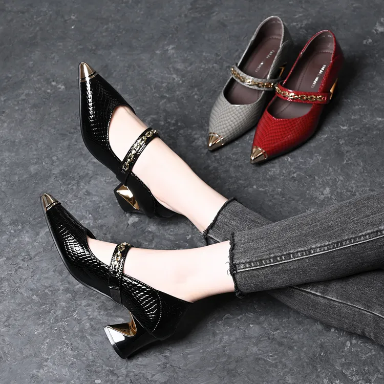 头层牛皮金属链条浅口单鞋2025春秋新款金属防踢粗跟百搭真皮女鞋