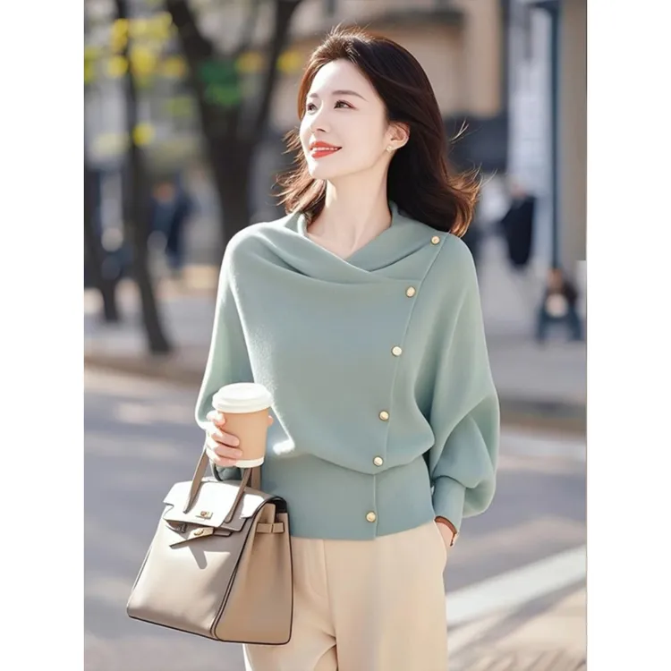 韩系绿色不规则针织衫女2025新款秋季洋气独特别致超好看简约上衣