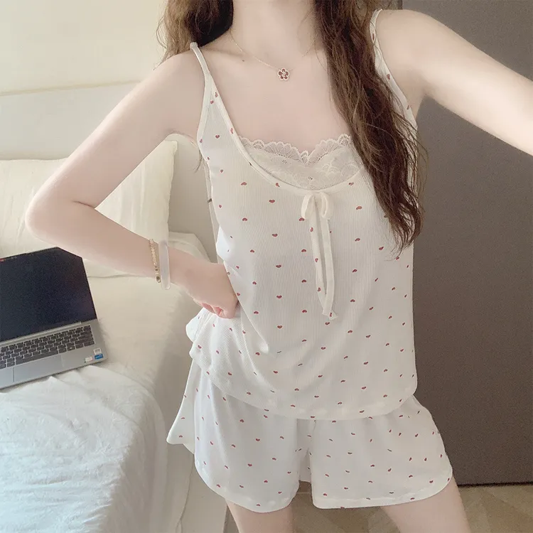 【带胸垫一体】甜美可爱吊带睡衣女款夏季薄款莫代尔爱心家居服套装