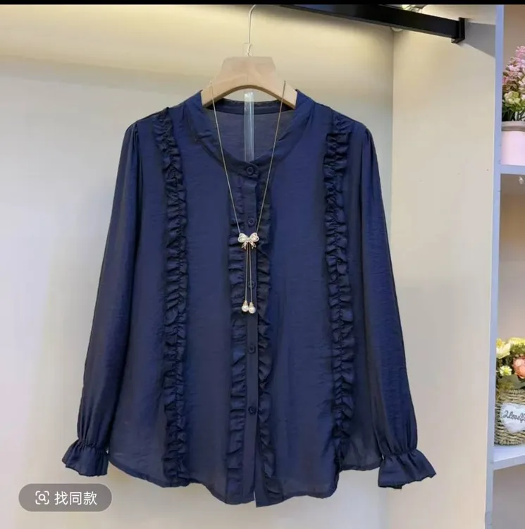 561-韩式简约纯色木耳边气质大码早秋衫