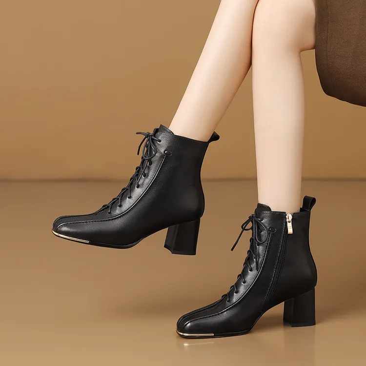 5.5cm秋冬女鞋加绒方头短靴头层牛皮英伦风马丁靴系带百搭粗跟鞋