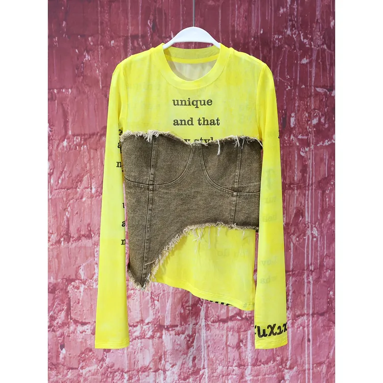 【韩哥女装】设计师高定欧版设计柠檬黄字母印花拼接网纱上衣7178