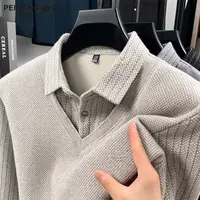 培蒙秋冬季新款纯色加绒加厚保暖针织衫毛衣商务休闲男士翻领上衣