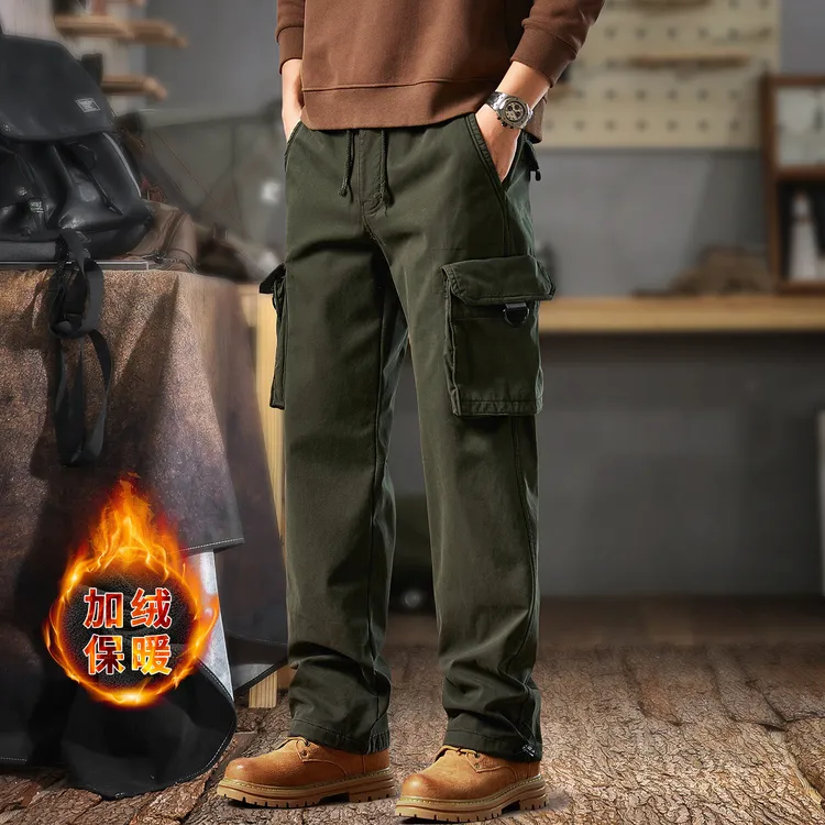 冬季新款多口袋加绒休闲裤男士秋冬重磅工装裤潮流美式直筒长裤